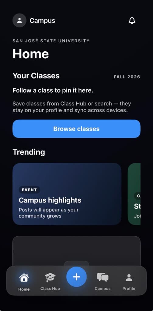 Classmate home screen with your classes, campus highlights and the term selector.